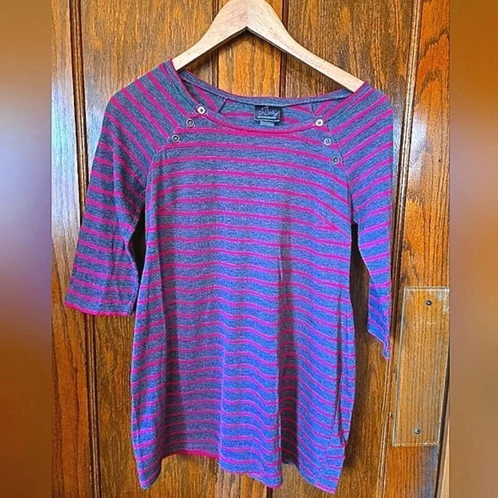 Motherhood Maternity Pink And Grey Striped Tunic Top Scoopneck 3/4 Sleeves Small